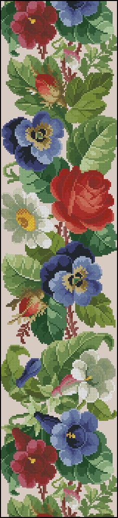 a cross stitch pattern with flowers and leaves on the bottom, in blue, red, yellow and green colors