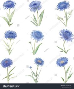 blue flowers with green stems and leaves on a white background, watercolor painting style