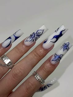 Royal Blue  Collar    Color Nails Embellished   Beauty Tools Fake Nails With Glue, Makijaż Smokey Eye, Coffin Shape Nails, Long Acrylic Nails Coffin, Dope Nail Designs, Long Nail, Cute Nail Ideas, Long Square Acrylic Nails, Easy Nails