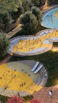 an artist's rendering of a playground in the middle of a park with children playing on it