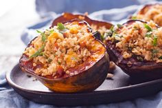 baked stuffed eggplant with rice and herbs on a serving platter, ready to be eaten