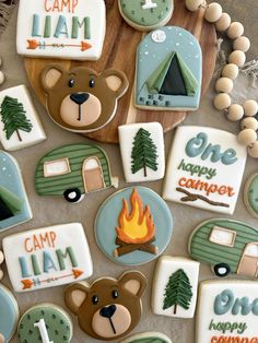 decorated cookies with camp designs and words on them