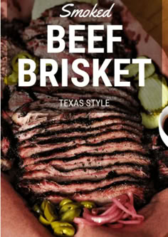 the cover of smoked beef brisket texas style with pickles and jalapenos