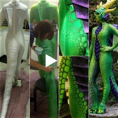 there are pictures of people making costumes for different types of things in the photo, and one is wearing a costume that looks like a woman's bodysuit