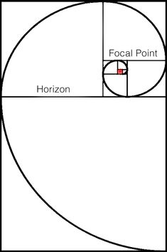 a basketball court with the focal point, horizon and center line marked in red on it