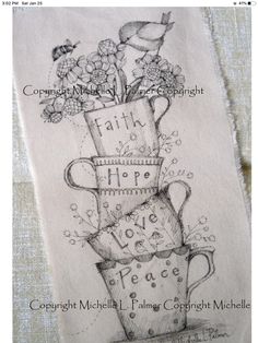 a drawing of flowers in a mug with the words faith, hope and peace