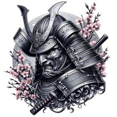 a drawing of a samurai helmet with flowers on the side and two swords in front