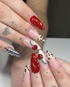 #cherrynails #leopard #leopardnails #frenchnails #3d #3dnails #rednails #chromenails Cherry Leopard Nails, 3d Red Nails, 3d Cherry Nails, Cheetah Cherry Nails, 4d Nail Art Design, Nails Aesthetic Red, Nails Cherry, Cherry Nail Art, Makeup Routines