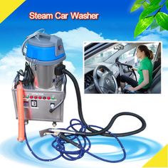 the steam car washer is being used by a woman in green shirt and blue jeans