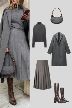 Grey Winter Jacket Outfit, Dark Winter Outfits Ideas, Fall 2025 Outfits, Grey Skirt Outfit Winter, Russian Winter Fashion, Winter Capsule Wardrobe 2024, Gray Skirt Outfit Winter, Grey Pleated Skirt Outfit, Grey Winter Outfit