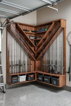 the inside of a garage with many fishing rods