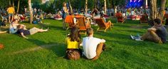 people are sitting on the grass at an outdoor concert