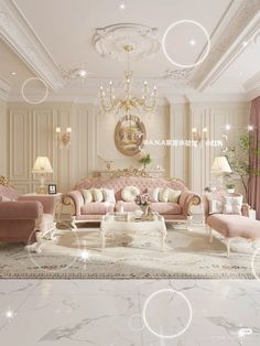 an elegant living room with pink furniture and chandelier above the couches is decorated in white marble