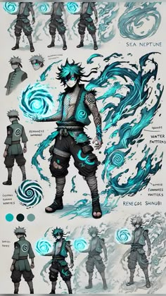 the concept art for an upcoming game is shown in blue and white colors, with different characters