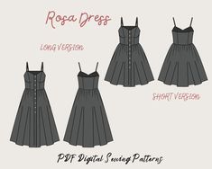 three different dresses with buttons on the front and back, one in grey and one in black