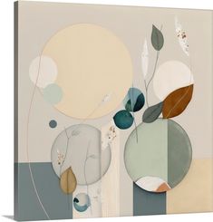 an abstract painting with leaves and circles on the back ground, in neutrals and blues