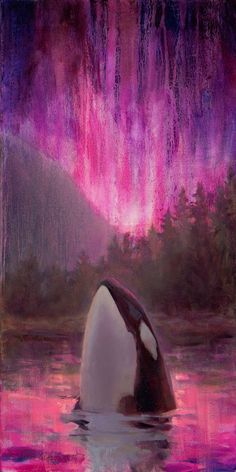 an orca in the water with purple and pink lights