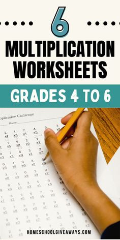 a hand writing on a piece of paper with the text, 6 multiplication worksheets grade 4 to 6