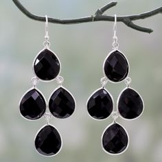 Lustrous drops of black onyx glisten in these beautiful chandelier earrings designed by Aparna of India. An impressive thirty-five carats of onyx in eight pear-shaped gemstones are bezel-set in sterling silver. Silver Chandelier Earrings, Silver Chandelier, Jewelry Workshop, India Jewelry, Black Earrings, Traditional Jewelry, Jewelry Packaging, Hook Earrings, Jewelry Gift Box