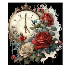 a clock with roses and leaves on the face is painted in watercolor by hand