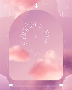 a poster with clouds and stars in the sky, on top of a pink background