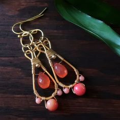 Pinkish Orange, Wrapped Earrings, Artist Gifts, Wrapped Jewelry, Wire Earrings, Hand Forged, Wire Wrapped Jewelry, Beautiful Hand, Ear Wires