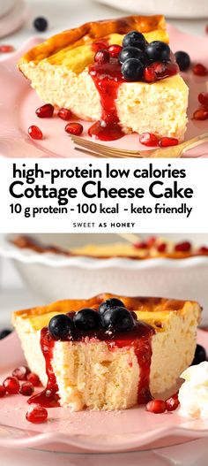 high - protein low calories cottage cheese cake with blueberries and raspberry sauce