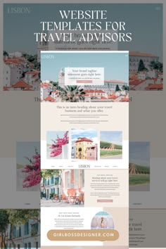 the website design for traveladvisors is shown in pink and blue tones, with an