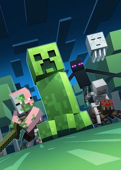 an image of some minecraft characters in the middle of a video game with creepers and zombies