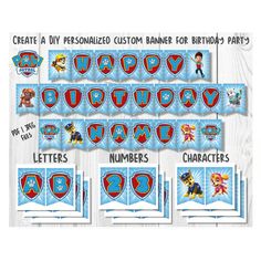 paw patrol birthday banner and party decorations with paw patrol name tags, banners, and more