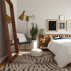 a bed room with a neatly made bed next to a large mirror and a chair