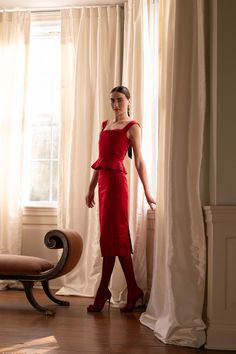 This piece takes inspiration from Victorian era portraits of women, evoking a sense of modern romance. Fall in love with our deep reds, luxurious velvets, and silks, paired with moody floral prints perfect for the Holiday Season. Our Amaranth Red Silk Satin Pencil Skirt is dry clean only and is available in sizes small through medium. Gul Hurgel, Portraits Of Women, Satin Pencil Skirt, Modern Romance, Amaranth, Feminine Outfit, Red Silk, Red Satin, Knit Jacket