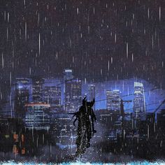 a man walking in the rain with an umbrella over his head and city lights behind him