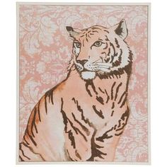 a drawing of a tiger sitting on top of a pink wallpapered background with white flowers