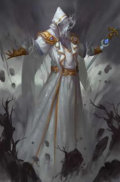 a painting of a man in white with gold trimmings and holding two swords