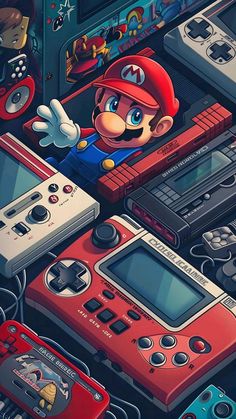 an image of nintendo game controllers and mario bros character in the middle of a pile of video games