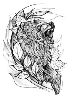 a black and white drawing of a bear with leaves