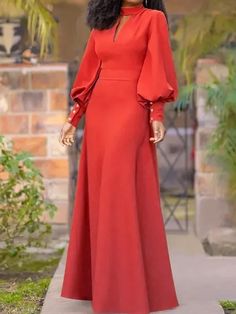 Buttoned Hollow Maxi Dress – Limited Edition Long Puff Sleeve Dress, Evening Maxi Dresses, Fashion Stand, Plain Dress, Urban Dresses, Maxi Dress Evening, Puffed Sleeves Dress, Long Puff Sleeves, Long Maxi Dress