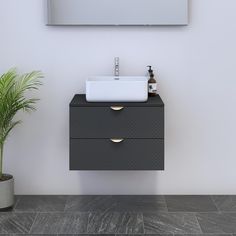 a bathroom with a sink, mirror and plant in front of the counter top on the wall