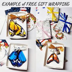 four different pictures of butterflies in boxes with ribbons and bows on them, all showing the same design