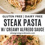 steak pasta with creamy alfredo sauce is served on a white plate