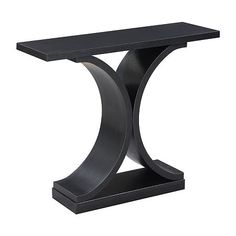 a black table with a curved design on the top and bottom shelf, against a white background