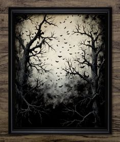 a black and white painting with birds flying in the night sky above some bare trees