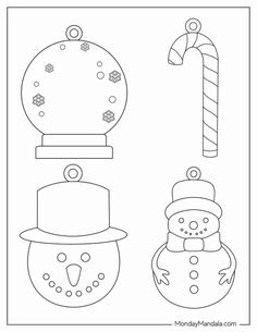 a coloring page with two snowmen and a candy cane