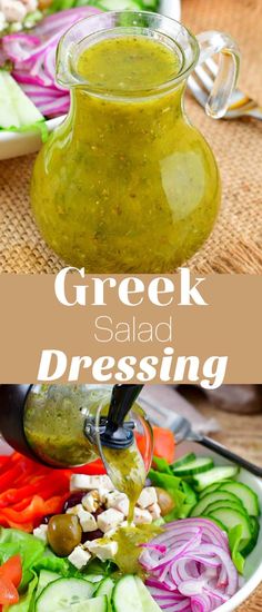 greek salad dressing is being poured into a bowl with sliced vegetables and sauce in it