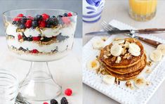 a stack of pancakes topped with fruit and nuts next to a glass bowl of yogurt