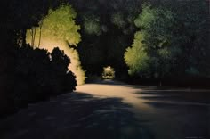 an oil painting of trees and road at night with light coming through the trees on either side