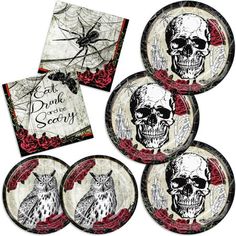 Spooky Halloween Dinnerware Party Supplies - 9 Dinner Plates, 7 Dessert Plates, 6.5 Luncheon Napkins - Scary Skulls Theme - 150 Piece Set - Non-Toxic & Durable - Easy to Dispose of - Color: Off-White. Halloween Dinnerware, Black Plastic Plates, Plastic Party Plates, Halloween Plates, Witch Party, Halloween Tableware, Halloween Party Supplies, Paper Plates Party, Party Tableware