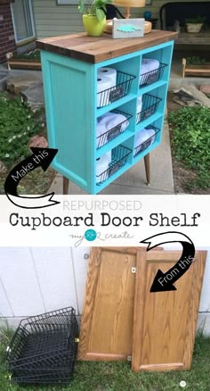 the diy repurposed cupboard door shelf is made from an old cabinet and has been