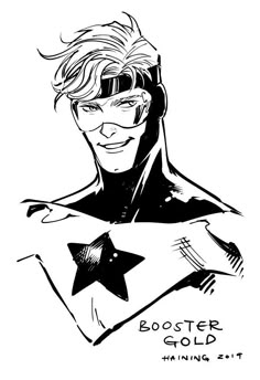 a black and white drawing of a man with glasses holding a sign that says booster gold